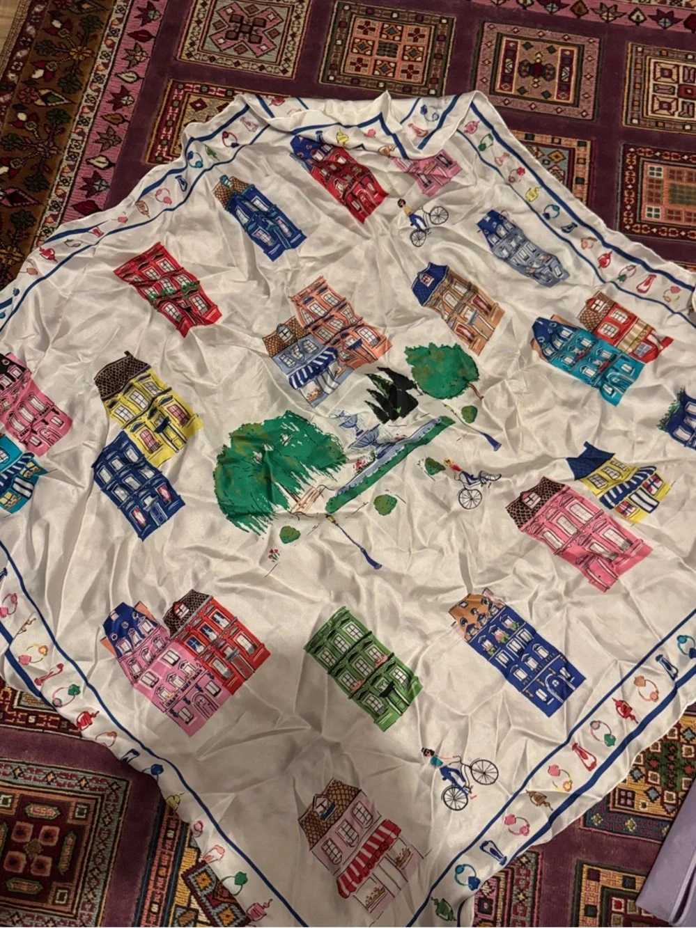 Talbots 100% silk scarf with Multicolor Townhouse Scene